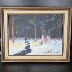 Winter Tipi Teepee Scene Original Oil Painting Signed Framed Forest Landscape